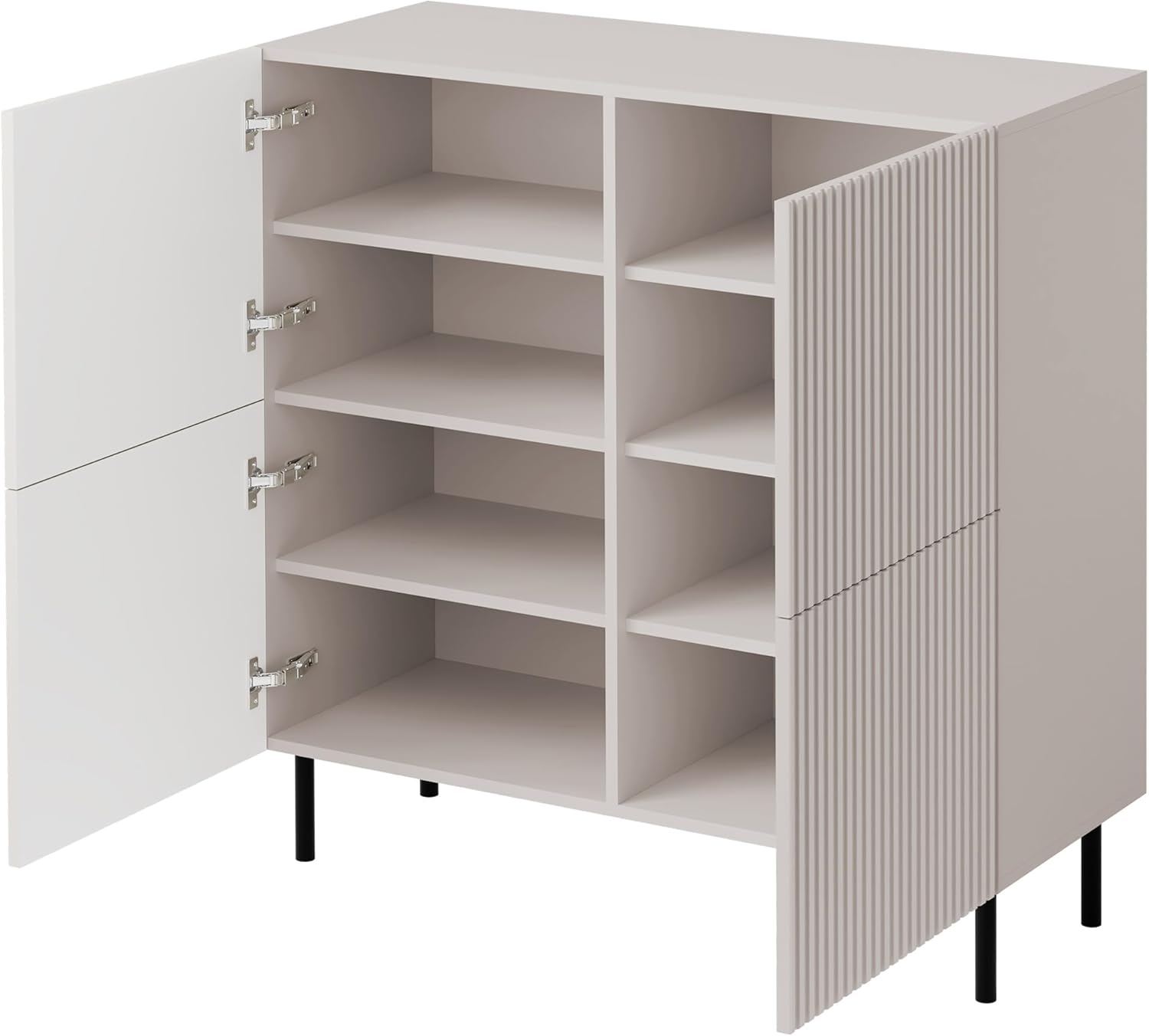 Mirjan24 Kommode Arypot 4D mit 4 Türen, innen 8 Fächer, gefräster Front, Griffloses System, Metallfüße, Highboard, Anrichte, Sideboard, Mehrzweckschrank (Cashmere)