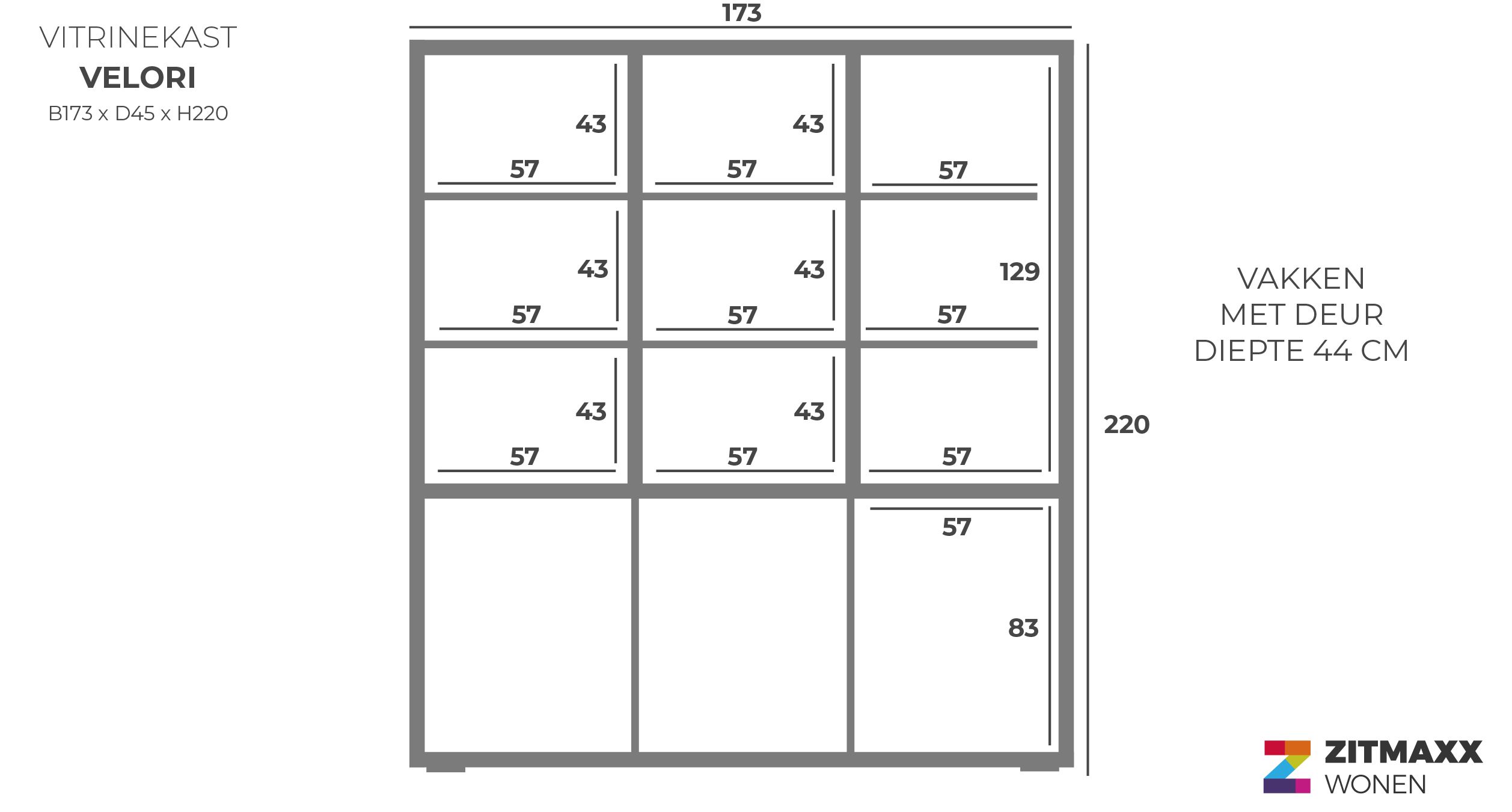 Vitrinekast Zwart Velori B173 x D45 x H220 cm