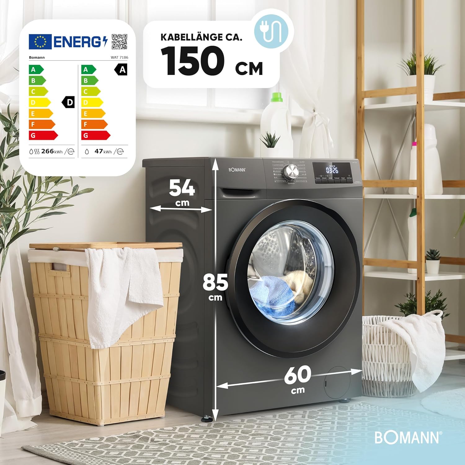 Bomann® Waschtrockner | Waschen und Trocknen | 10 Jahre Motor-Garantie | 8 kg Waschen, 5 kg Trocknen | Invertermotor | 1400 U/Min | Waschmaschine mit Trockner integriert | WAT 7186 titan