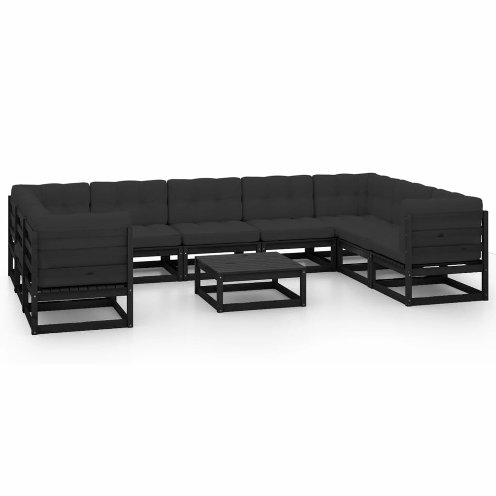 Salon de jardin meuble d'extérieur ensemble de mobilier 10 pièces avec coussins noir bois de pin massif