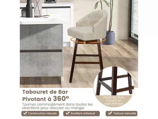 Chaise de Bar Pivotante (Lot de 2), Rembourré en Éponge, Pieds en Bois d'Hévéa (Beige)