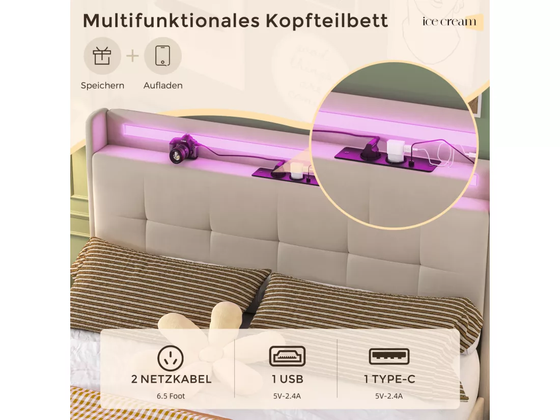 Lit double rembourré 160x200 cm Lit adulte avec lit gigogne éclairage LED 2 tiroirs ports USB et sommier à lattes - beige
