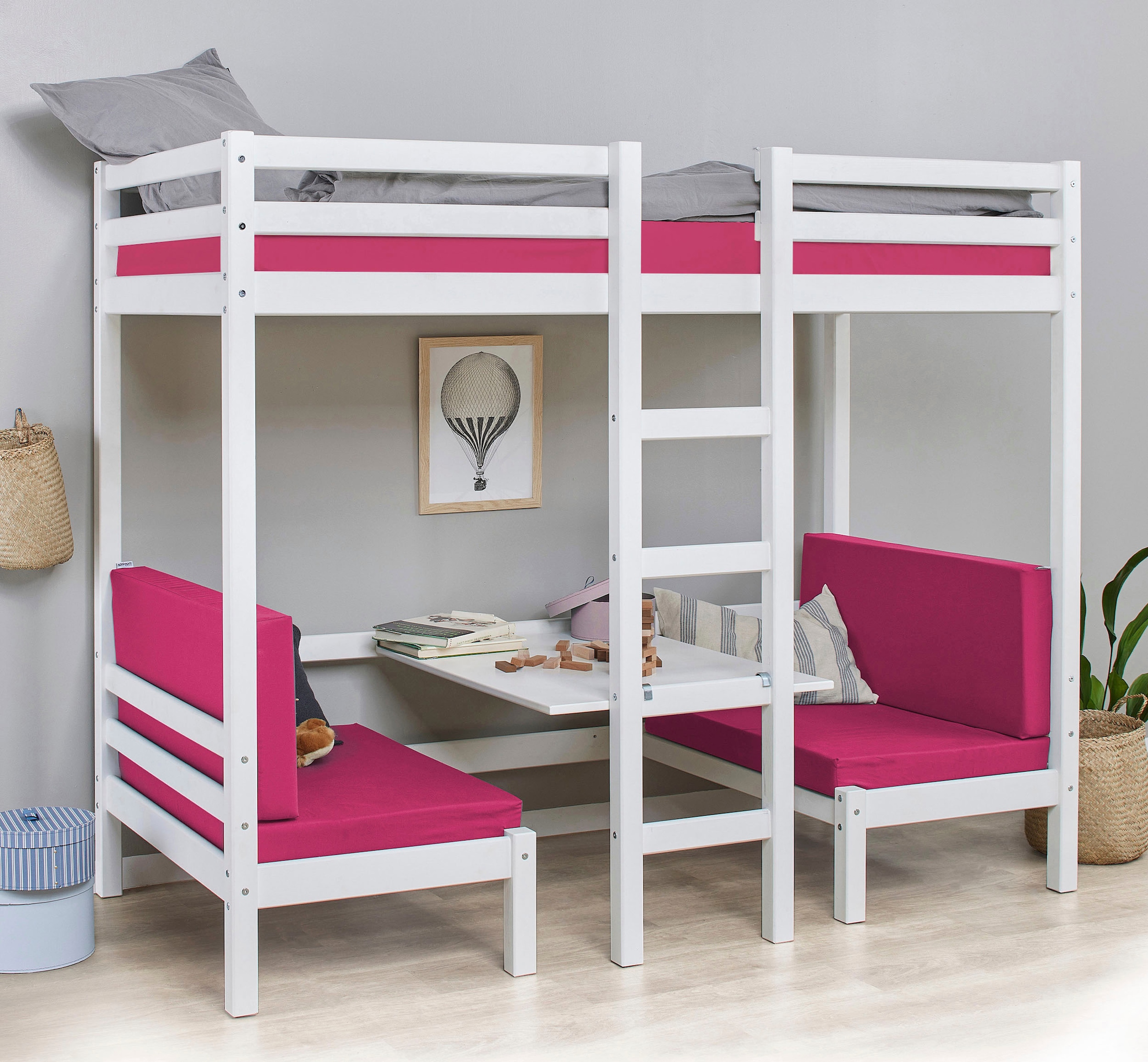 Hoppekids Hochbett »Kinderbett ECO Dream, Einzelbett, Juniorbett 90x200« 5 verschiedene Farben: Weiss, Grün, Blau, Rosa, Grau