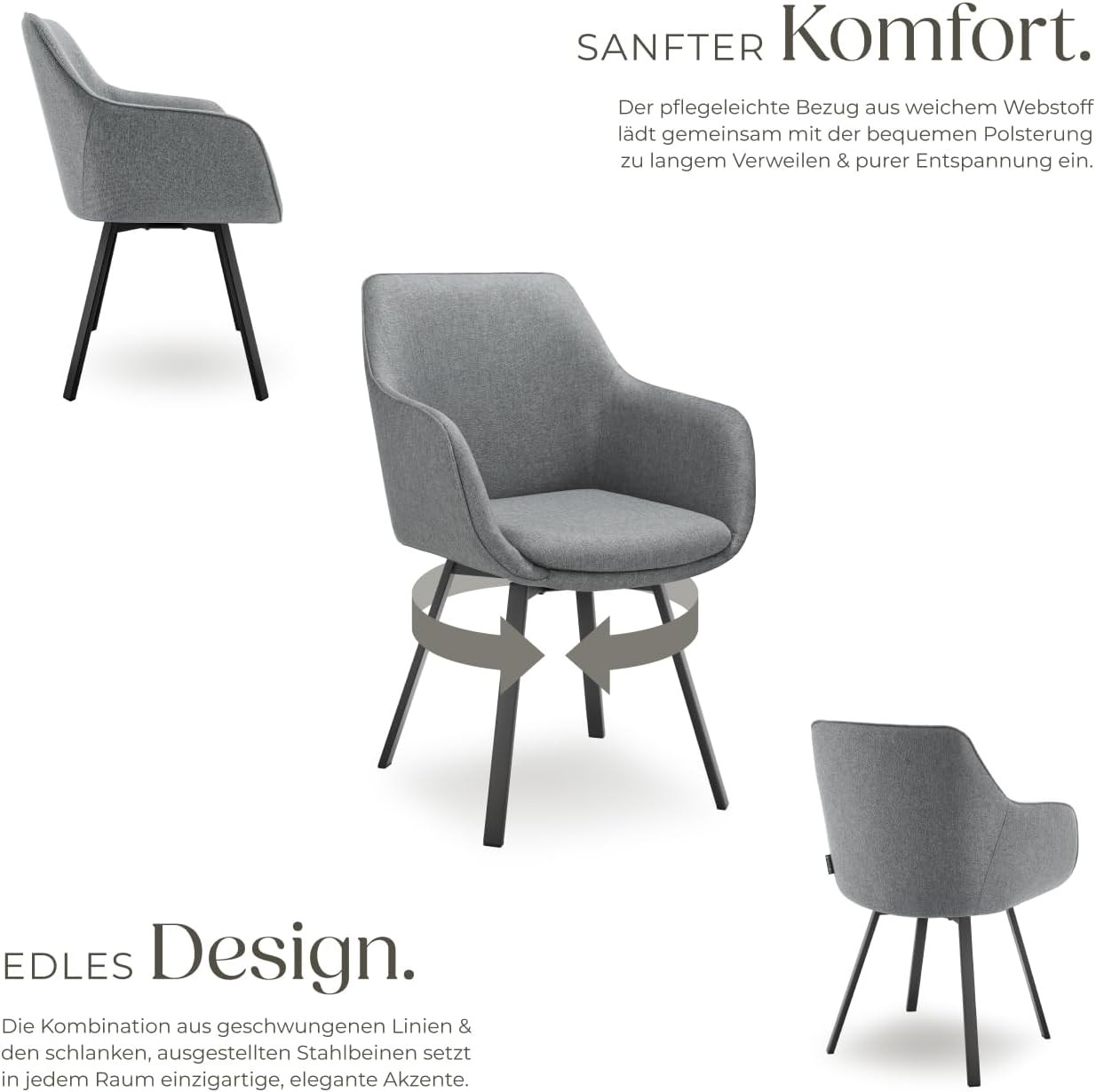 tectake® 6er Set Stuhl drehbar, Esszimmerstühle mit Armlehne, Küchenstühle, Stühle Esszimmer, Drehstühle für Dining Lounge, Esstisch, Schminktisch, Armlehnstuhl, Esszimmermöbel - anthrazit