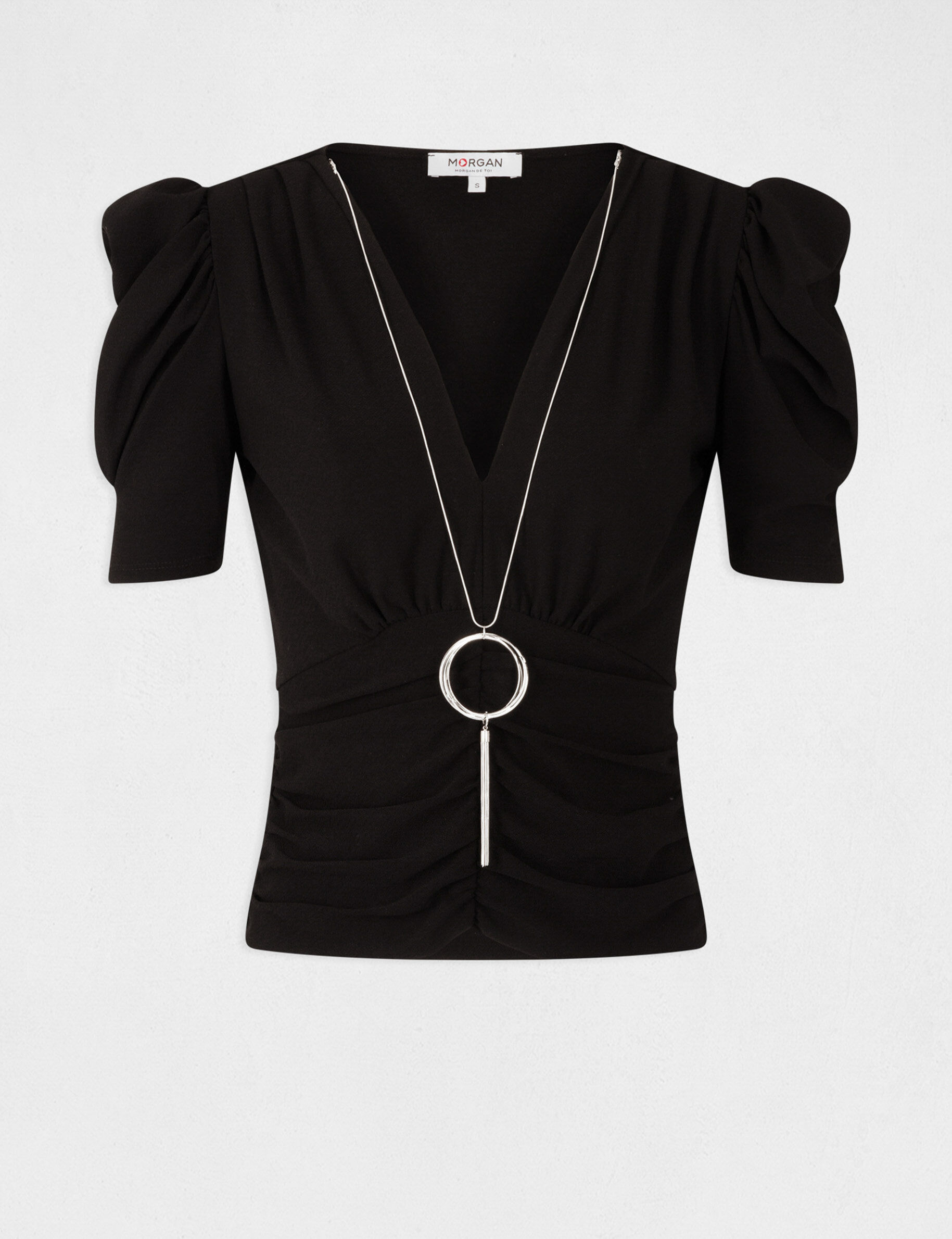 T-shirt manches courtes à détail bijou noir femme - noir