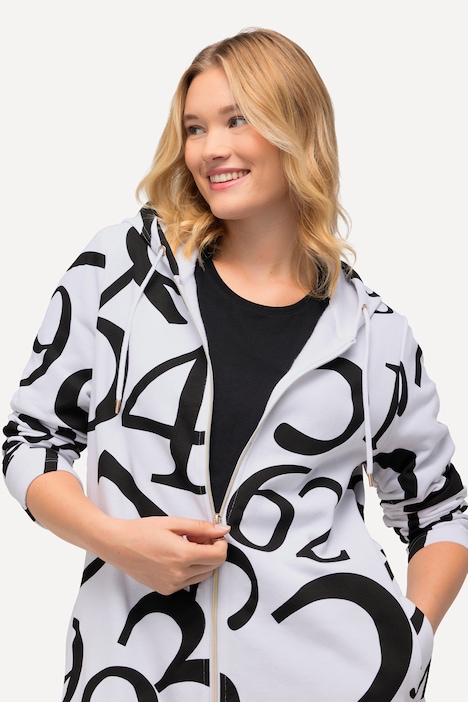 Sweat-Longjacke, Zahlen, Kapuze, 2-Wege-Zipper