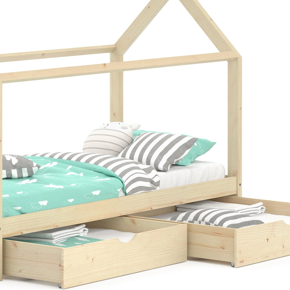 VitaliSpa Kinderbett Hausbett Schubladen Bett Holz Kinderhaus natur 90x200 cm