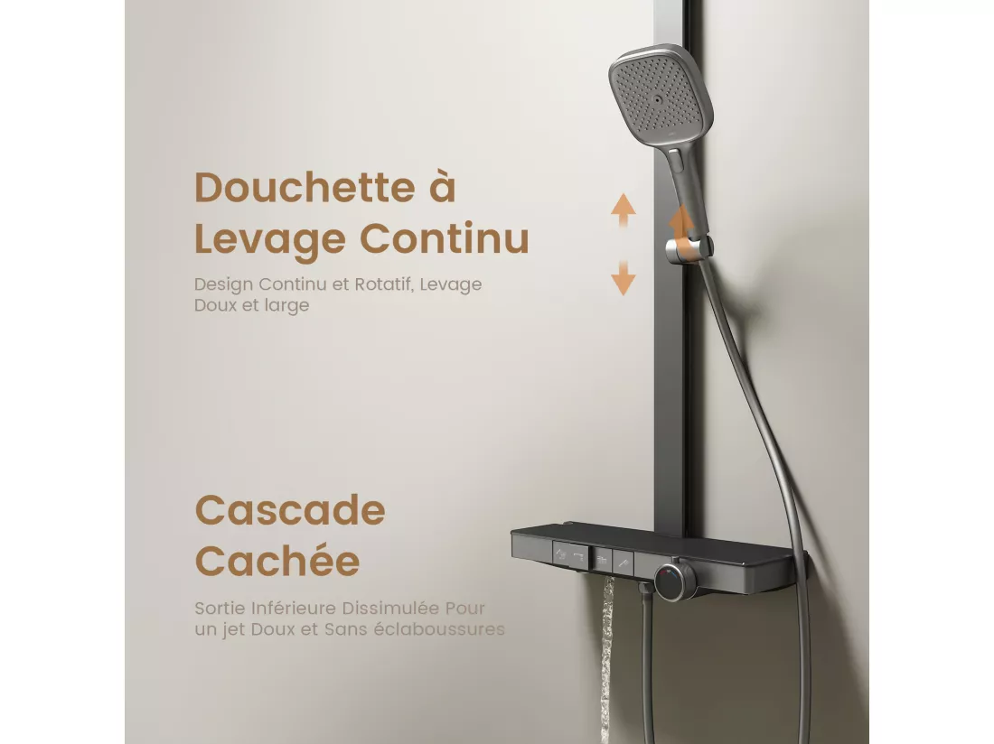 EMKE Colonne de douche avec thermostat 38℃ Douche pluie 40 cm étagère en verre avec 3+1 douchette parent-enfant+porte-douche - anthracite matt
