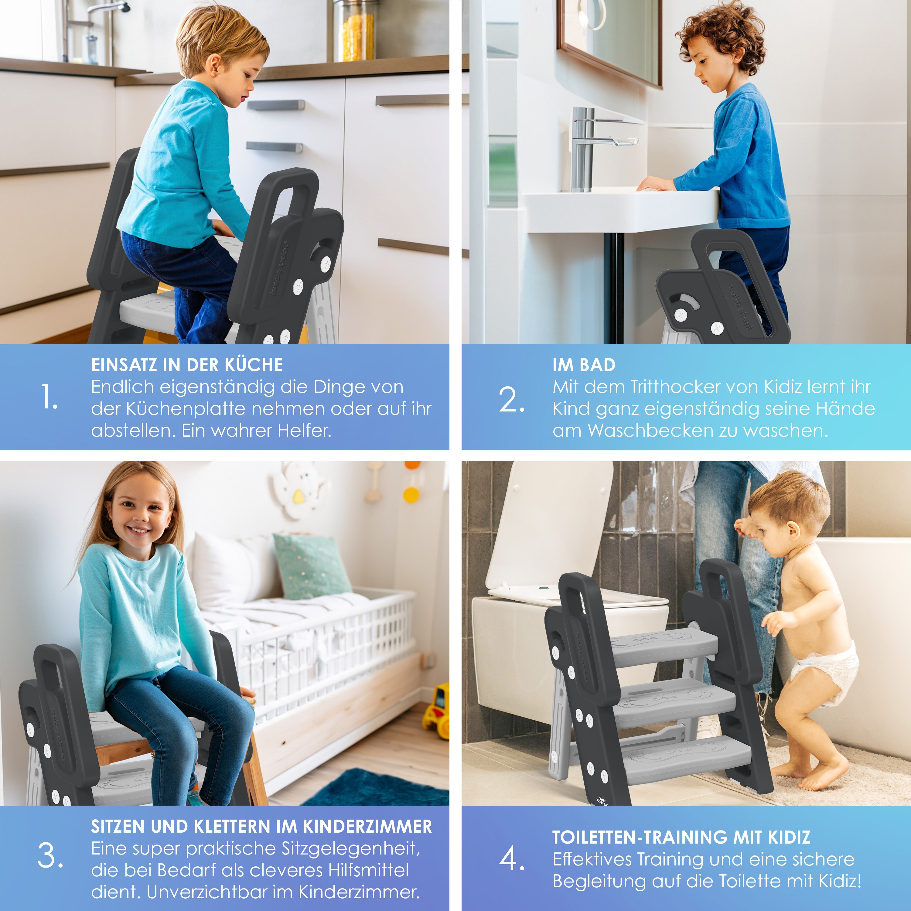KIDIZ® Tritthocker für Kinder Trittleiter Klappbar mit 3 Stufen | Faltbarer Lern-Turm ab 18 Monaten bis 6 Jahren | Robust | Sicherer & Stabiler Trittschemel | Höhenverstellbar Rutschfest
