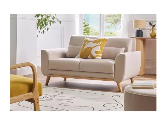 Canapé scandinave 2 places en tissu beige et bois clair EKTOR