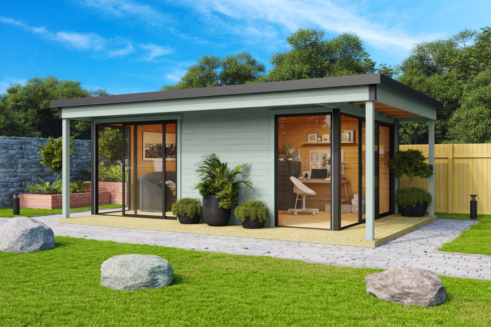 Gartenhaus DOMEO 3 LOGGIA - gletschergrün-anthrazit - Fichte massiv