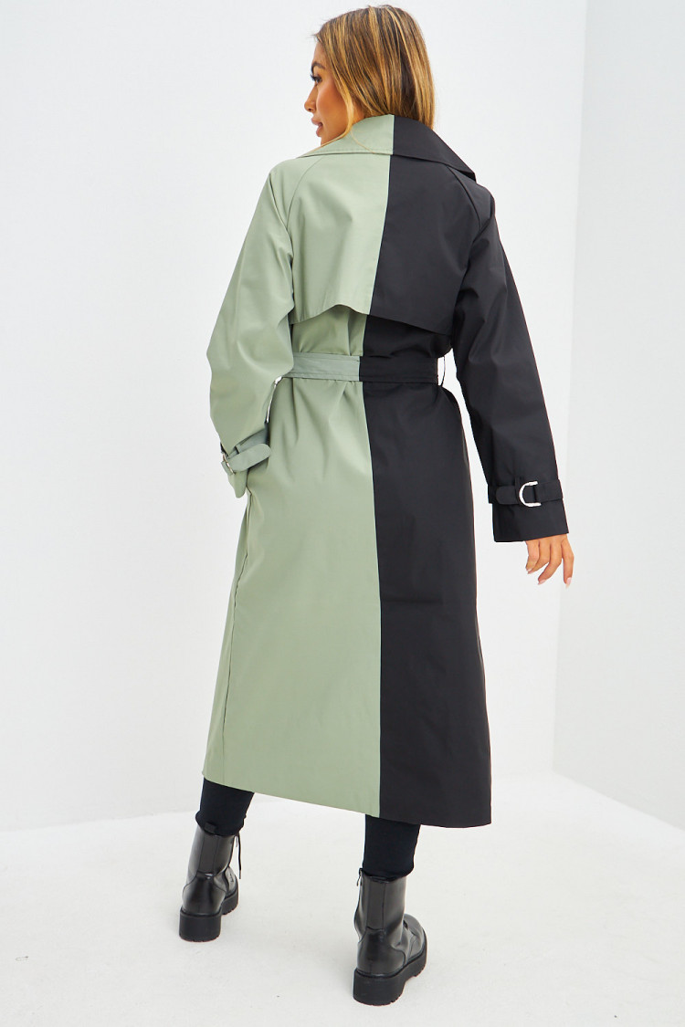 Trench long bicolore noir et kaki