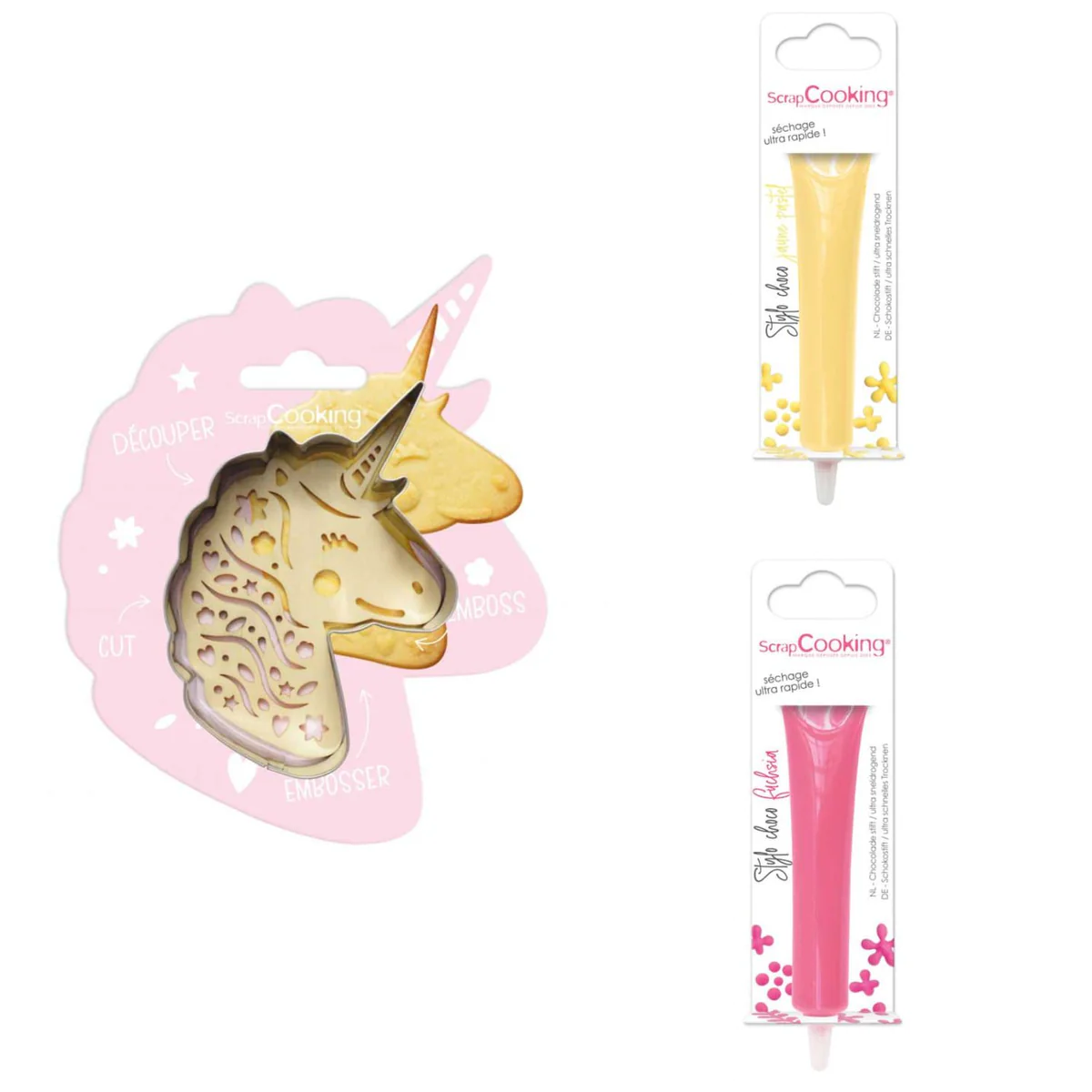 Kit pour biscuit en relief Licorne + 2 Stylos au chocolat jaune pastel