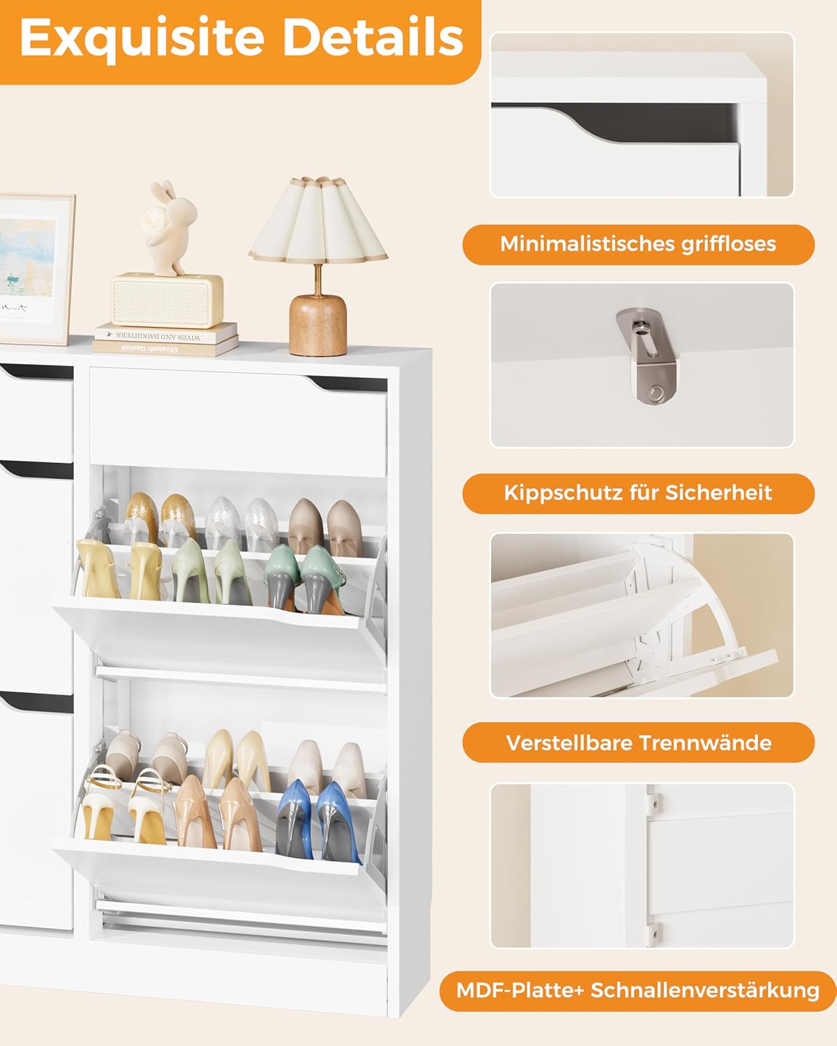 IRONCK Schuhschrank mit 4 Klappen, Schuhkipper Schmal mit 2 Schubladen, freistehendes Schuhregal, Schuhkommode mit verstellbaren Trennwände, Schuhablage Schrank für Flur Eingang und Wohnzimmer (Weiß)