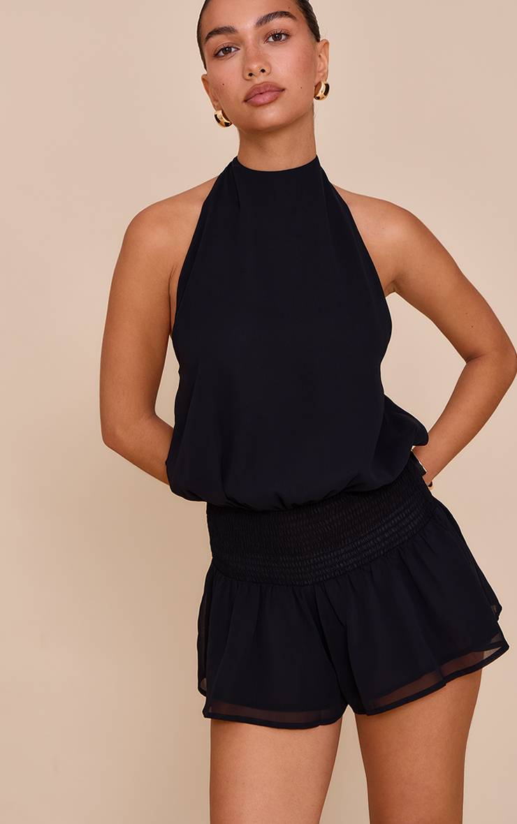 Noir Combinaison-short En Mousseline À Col Licou