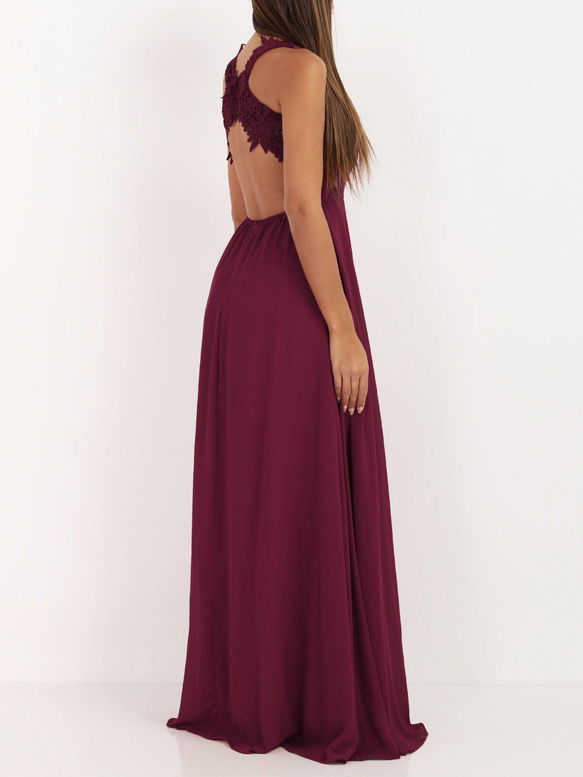 Robe longue à broderies fleuries- Bordeaux