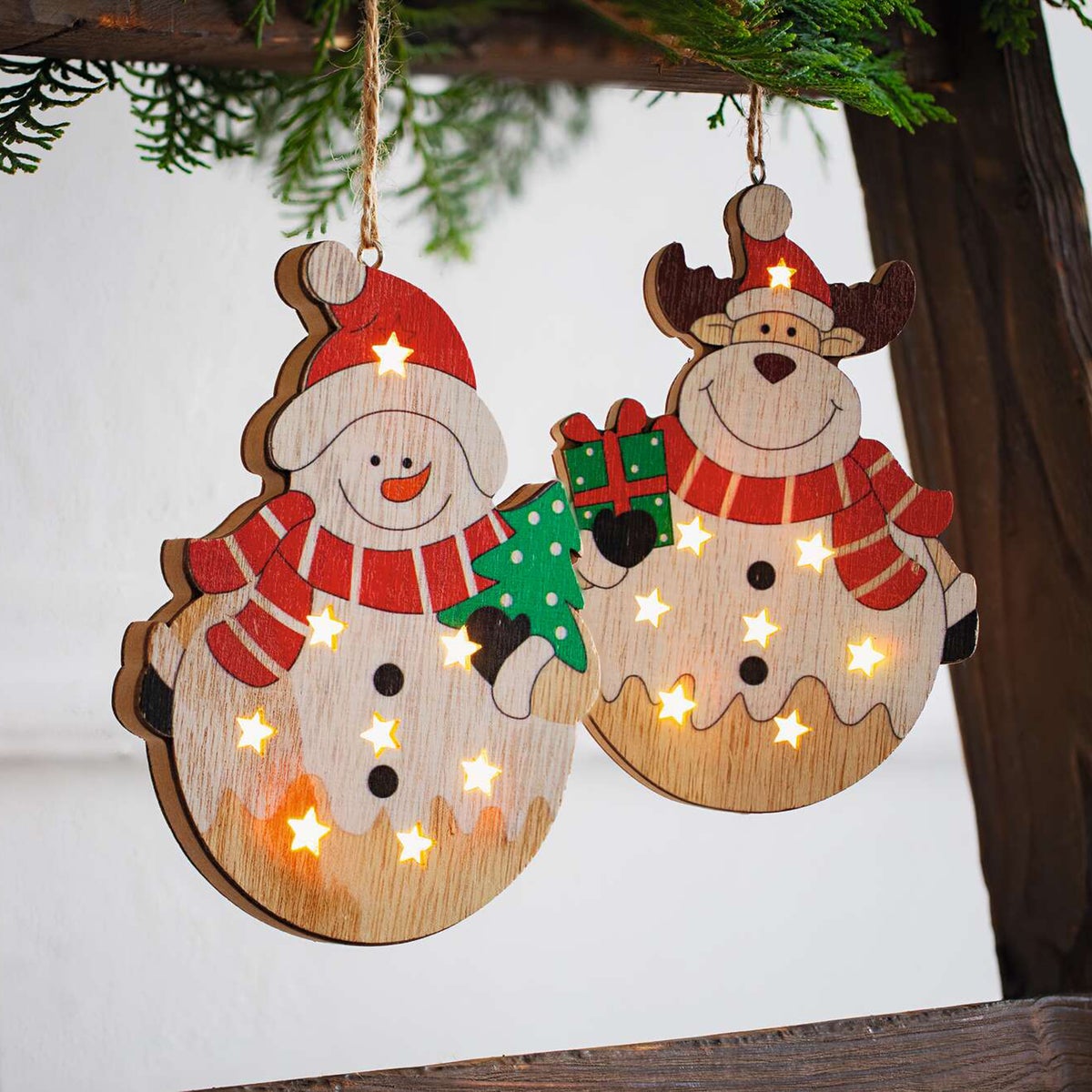 FRANK FLECHTWAREN | LED Hanger Sneeuwpop & Eland, Set van 2, 10 x 2 x 14 cm, HOUT, JUTE