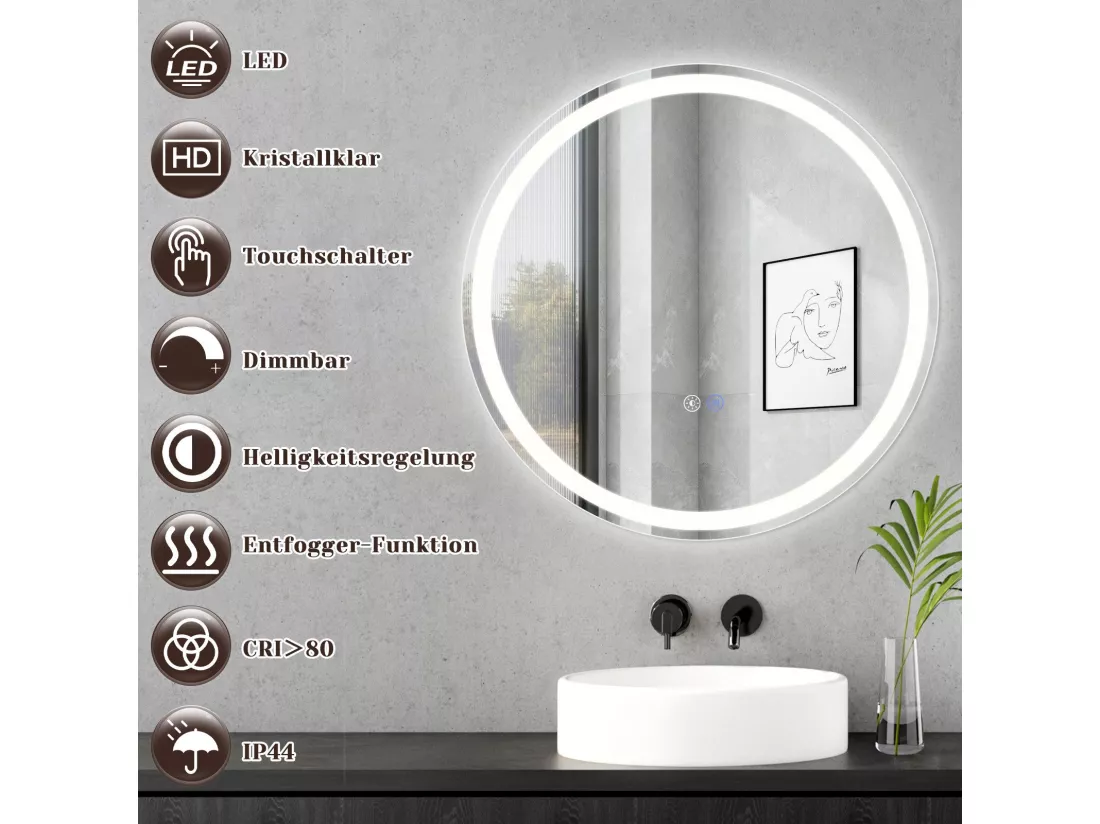 NETTLIFE Miroir lumineux salle de bain - Rond 70 cm LED, mural, interrupteur tactile, antibuée, IP44, réglable 3000K-6500K
