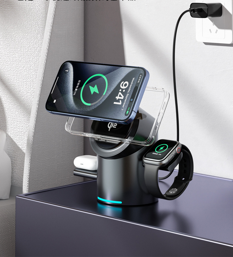 (20W) 3in1 MagSafe Qi2 Wireless Charger Fast Charging Ladegerät Ladestation mit Drehfunktion - Schwarz