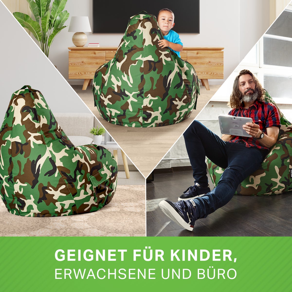 Green Bean Zitzak met rugleuning 80x70x90cm - Gaming stoel met 230L vulling, comfortabel, zacht, wasbaar - Zitzak vloerkussen, loungestoel, relaxstoel, gamerstoel, camouflagegroen