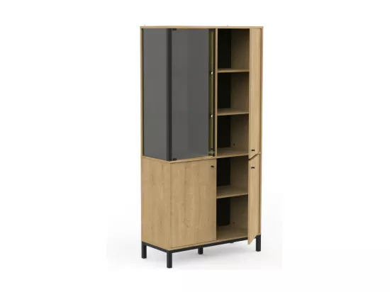 Vaisselier 4 portes battantes Chêne/Noir à LED - DORON - L 93 x l 40 x H 217 cm