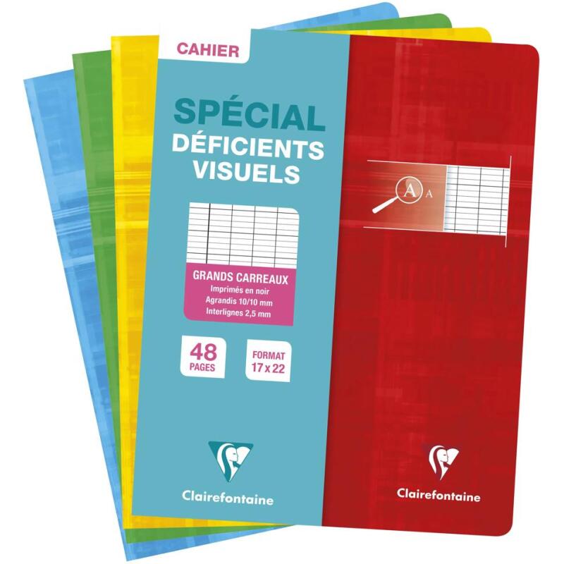 Cahier piqué déficients visuels 17x22 cm 48 pages grands carreaux 2 ,5mm agrandis 10x10 - Assortis