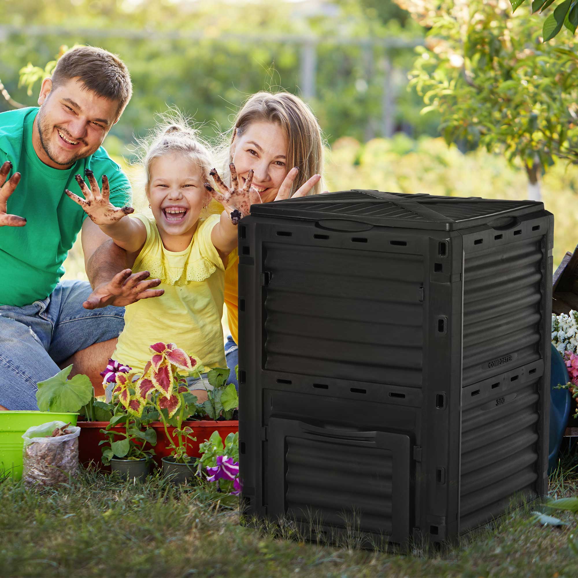 Compostor Outsunny com capacidade de 300 litros, compostor orgânico para produção de fertilizantes em jardins externos, com 48 aberturas de ventilação, 60,5 x 60,5 x 81,5 cm, preto.