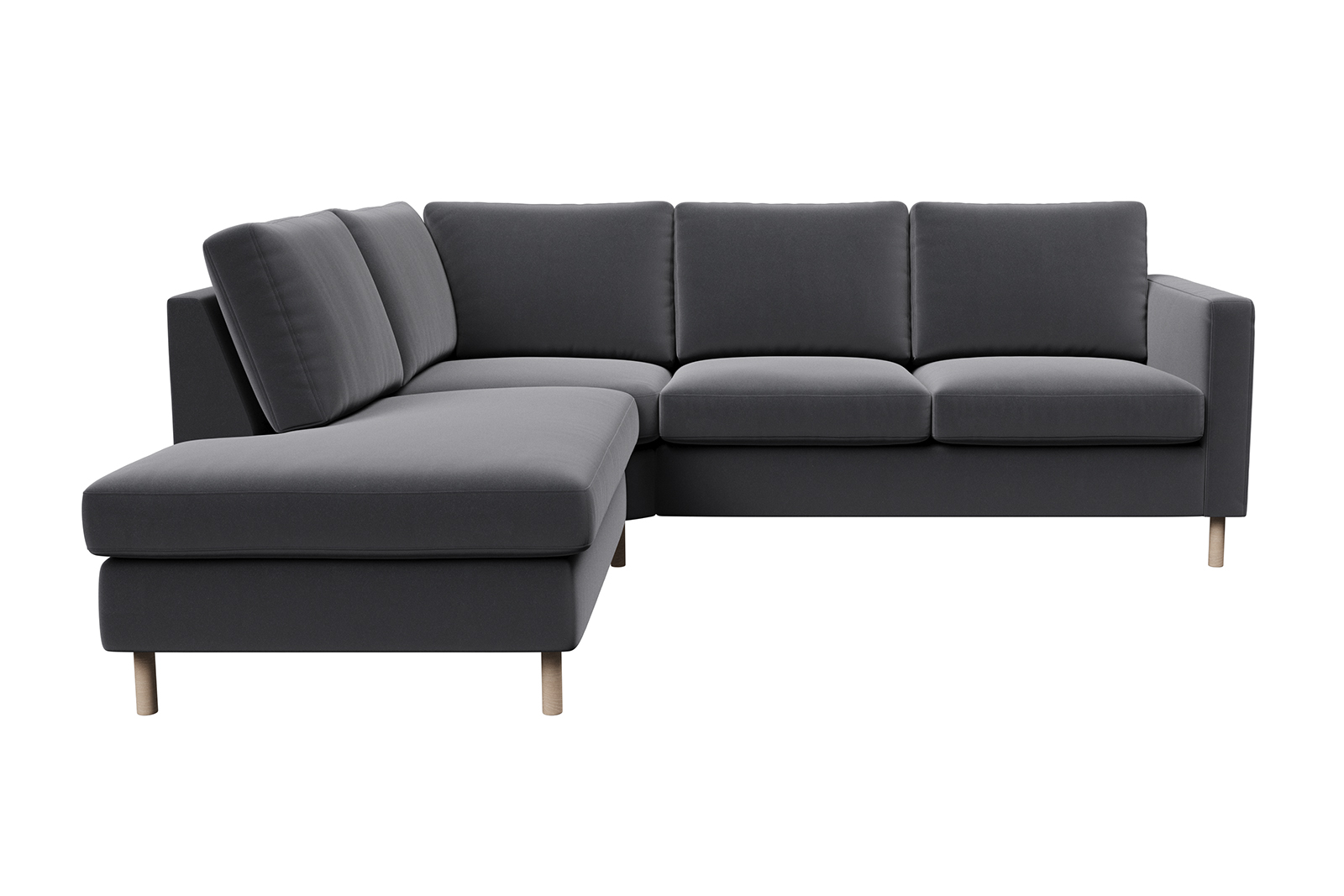 Viken hjørnesofa 2-seter med åpen ende venstre i tekstil Matt Velvet 97 Grey med hvitoljet eikeben. Arm B og skum komfort.