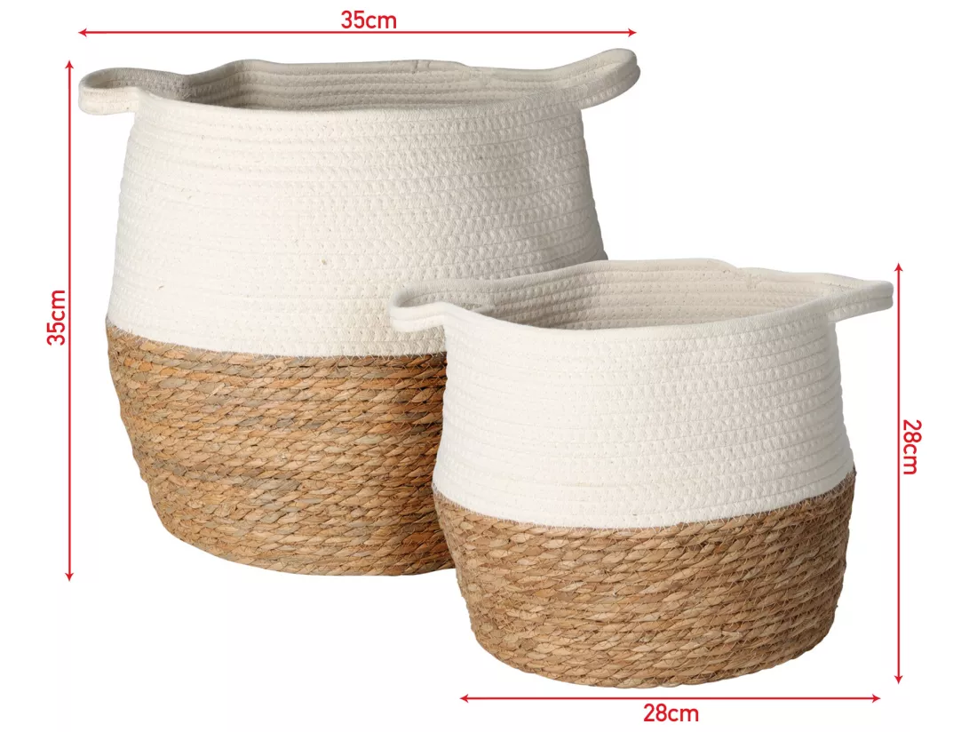 Lot de 2 Paniers à linge Polyvalents Blancs Marrons Coton Paille
