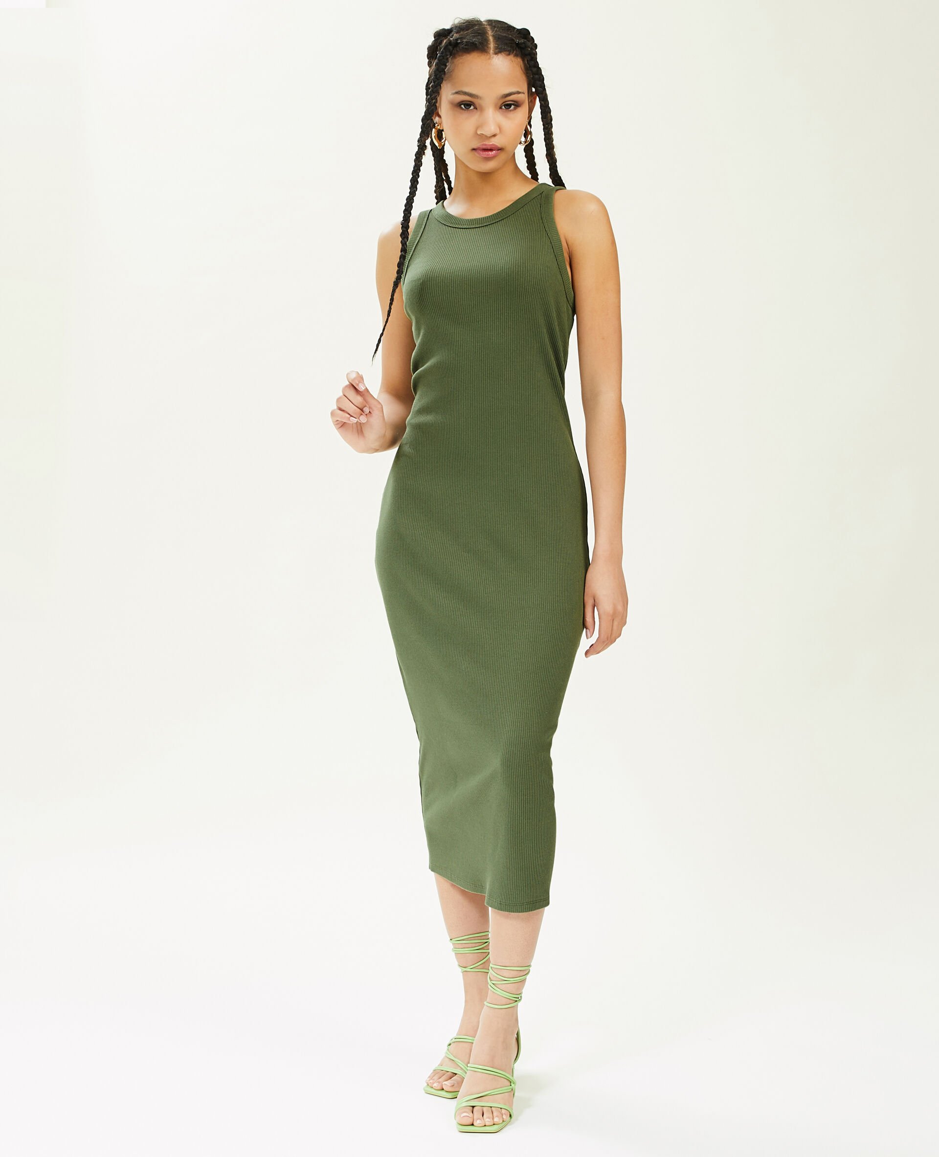 Robe débardeur maille côtelée - Vert kaki