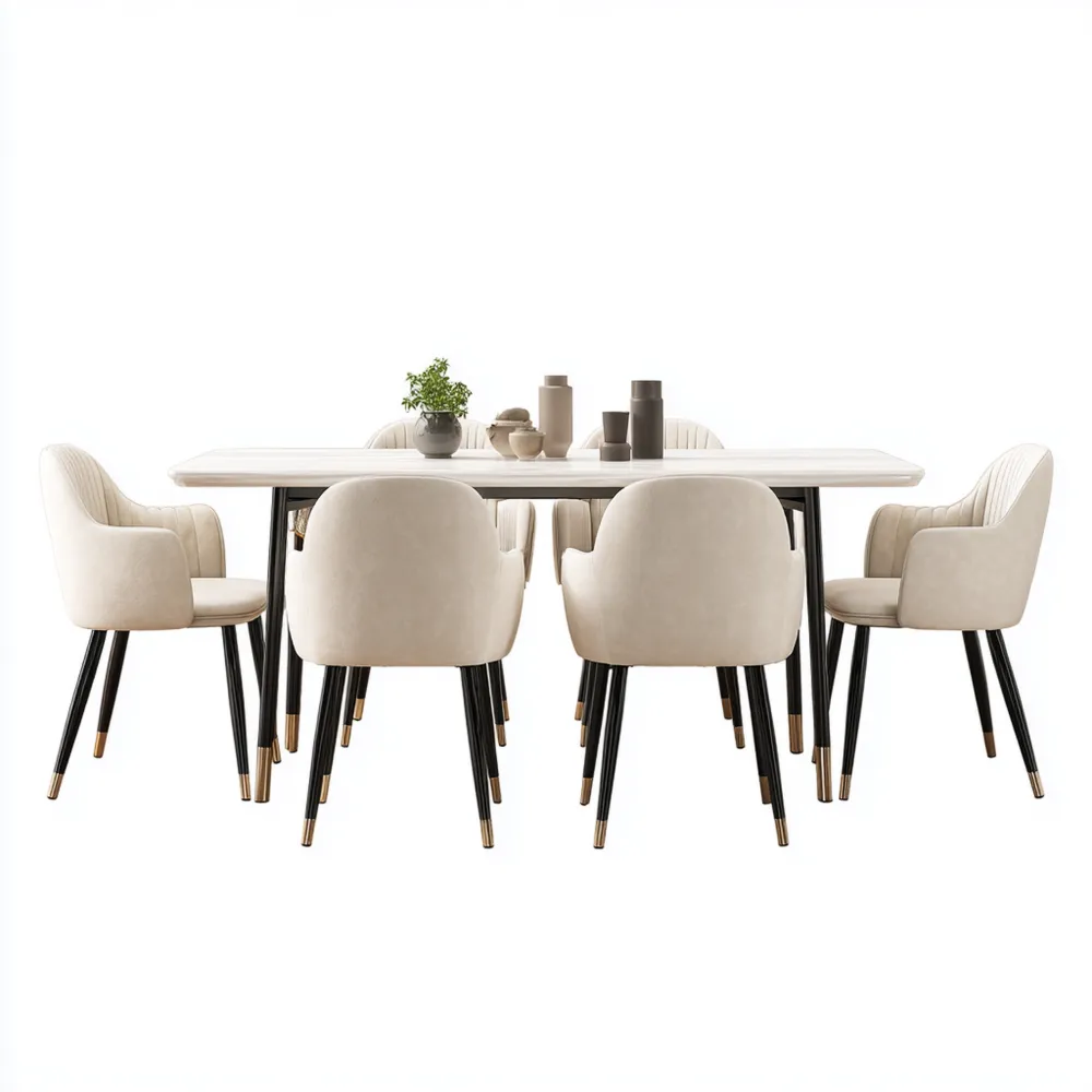 Esszimmer-Set Tisch Stühle 7-teilig Metall 200x90x75 cm – Beige – Modernes Design