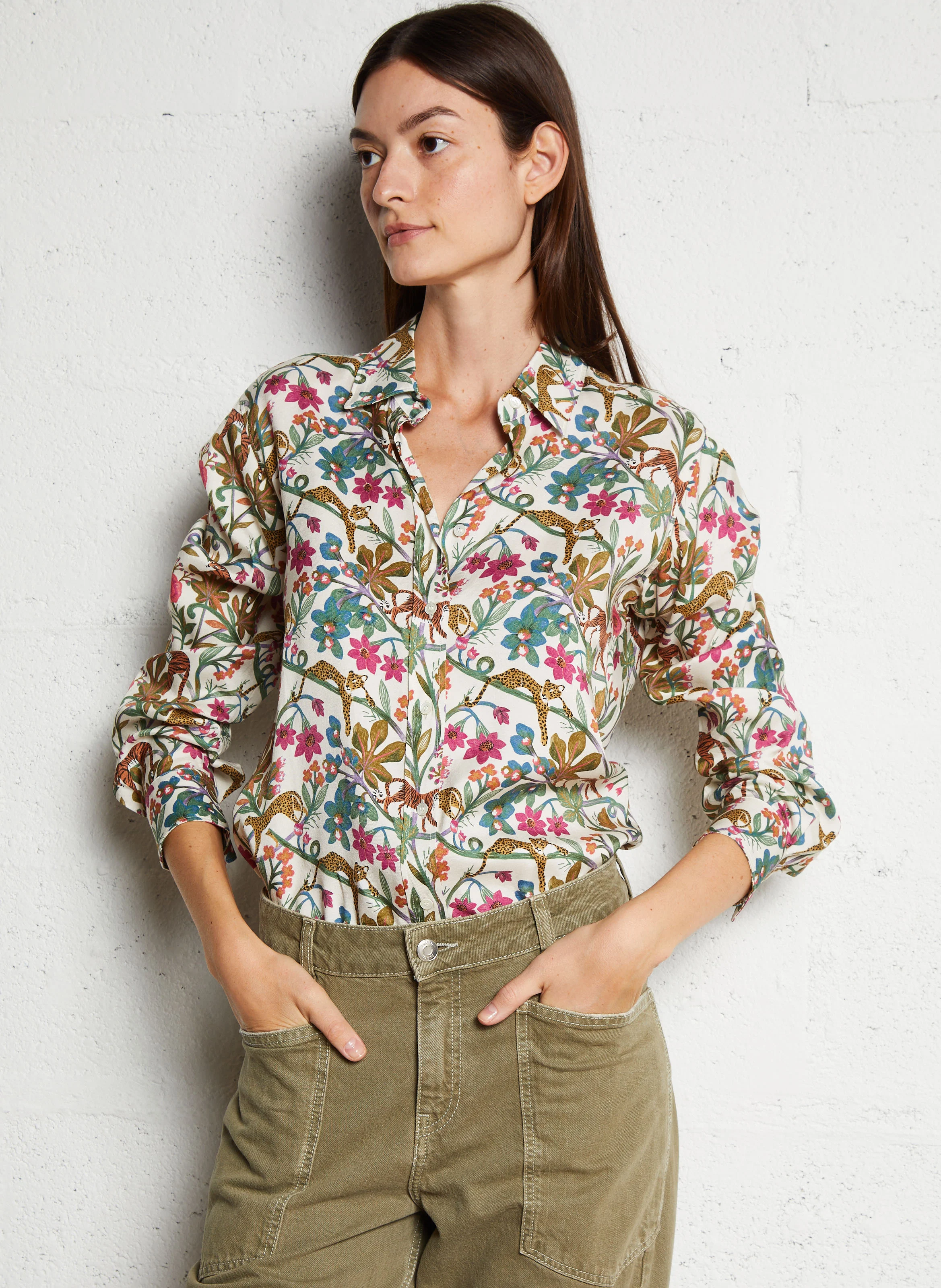 CORAZ - Chemise col classique à imprimé floral et animalier | Blanc