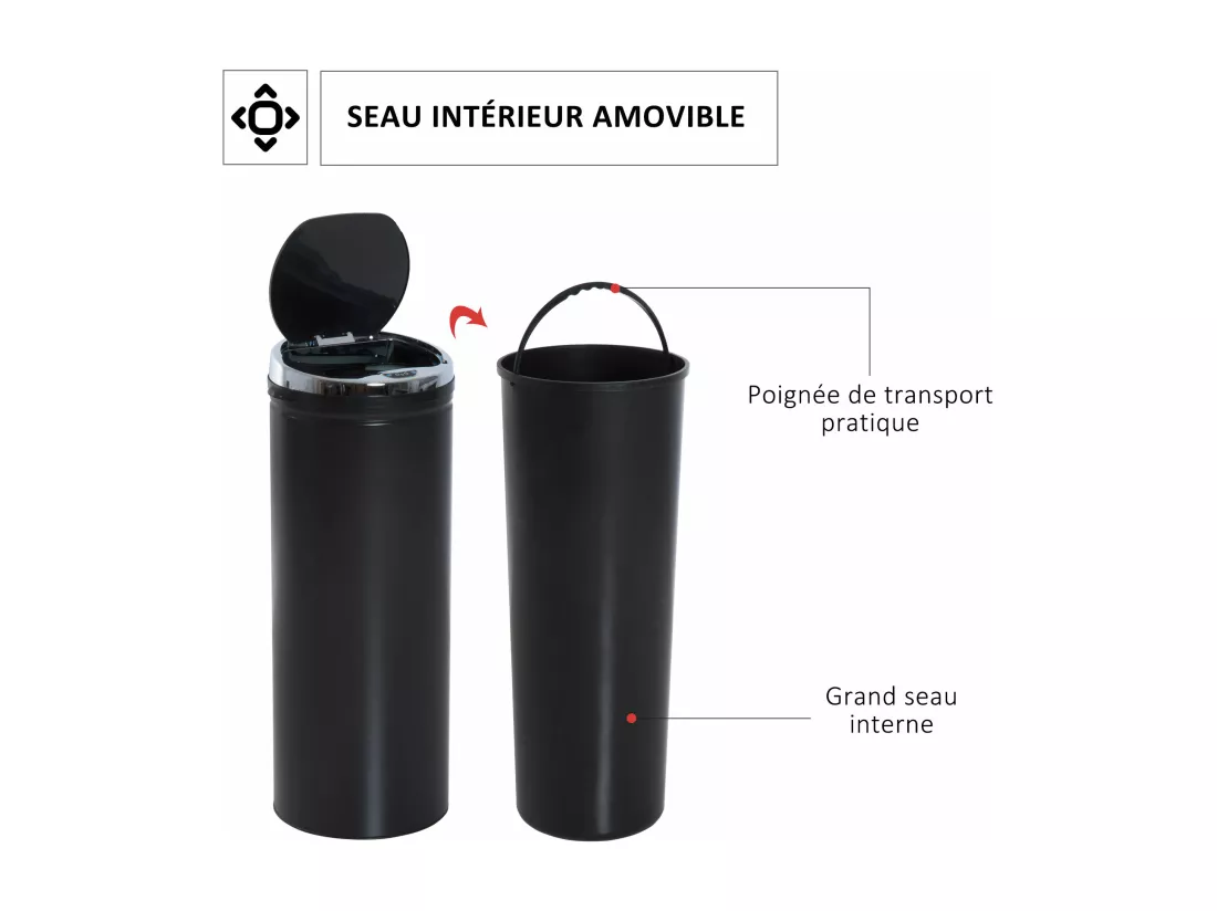 Poubelle automatique détecteur de mouvement 50L bac amovible acier inox. noir