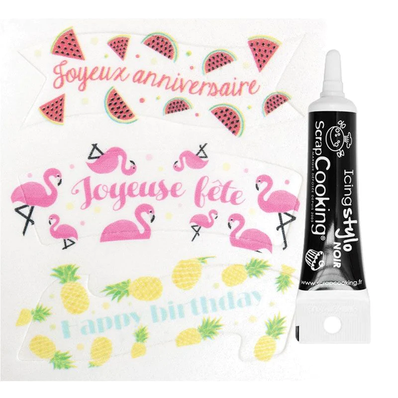 Décorations azyme Joyeux anniversaire Tropical + Stylo glaçage noir Sc