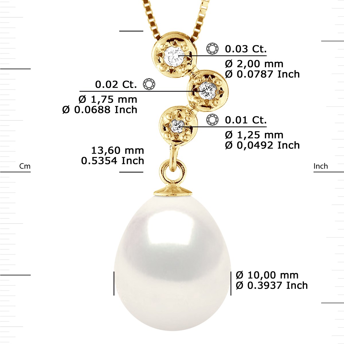 Pendentif Joaillerie Diamants 0,06 Cts - Véritable Perle de Culture d'Eau Douce - Blanc Naturel - Poire 10-11 mm - Or Jaune