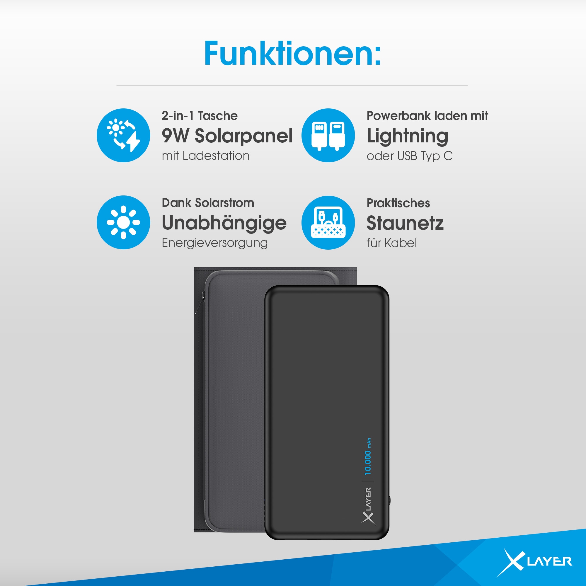 Xlayer Powerbank Solar 15W 10.000 mAh Wireless Solarpanel externes Ladegerät