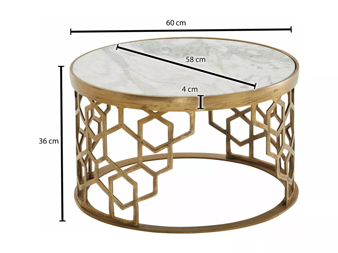 Table Basse de Salon Marbre Véritable et Métal 60x60x36 cm Ronde Or | Petite Table de Canapé Blanc | Design Table d'appoint Style Moderne
