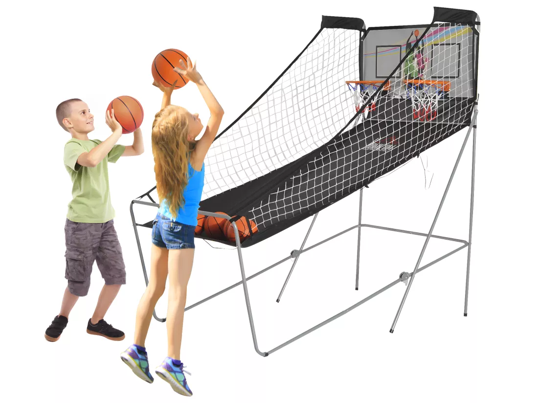 Panier de Basket pliable jeu de Basketball Arcade Double Shootout double panier compteur électronique 4 ballons et pompe acier noir et blanc