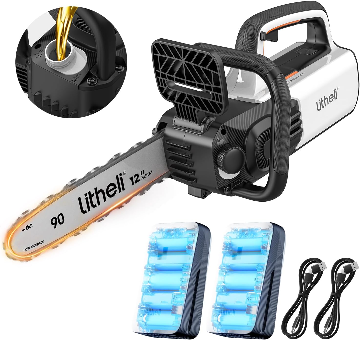 Litheli Akku Kettensäge 30 cm, Bürstenloser Motor, Automatische Kettenschmierung, Inklusive 2×10.000 mAh Akkus, Ideale Motorsäge für Holzarbeiten, Gartenpflege und Baumschnitt