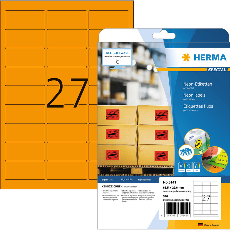 Herma Etiketten, neon orange, 5141, 63.5 x 29.6 mm, 20 Blatt