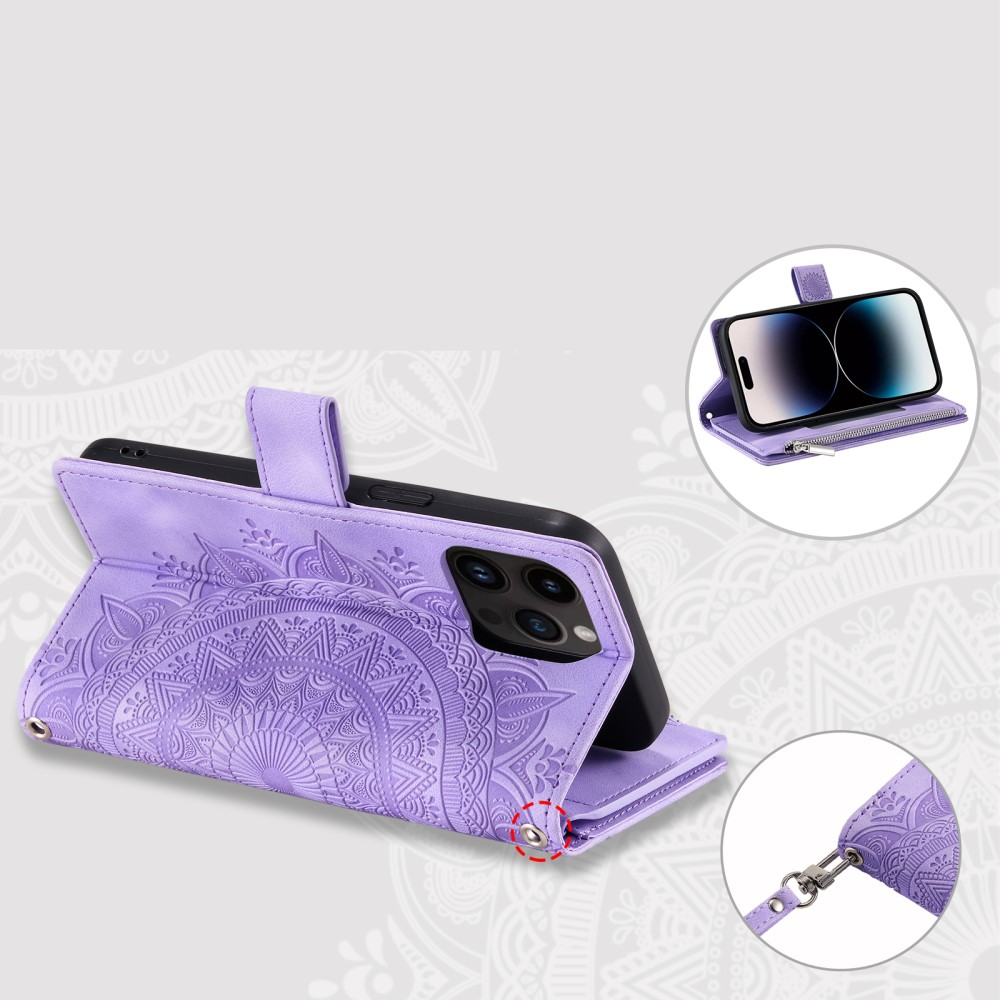iPhone 16 Pro Max Leder Tasche Flip Cover mit Reissverschluss - Mandala Flowers Imprint - Lila