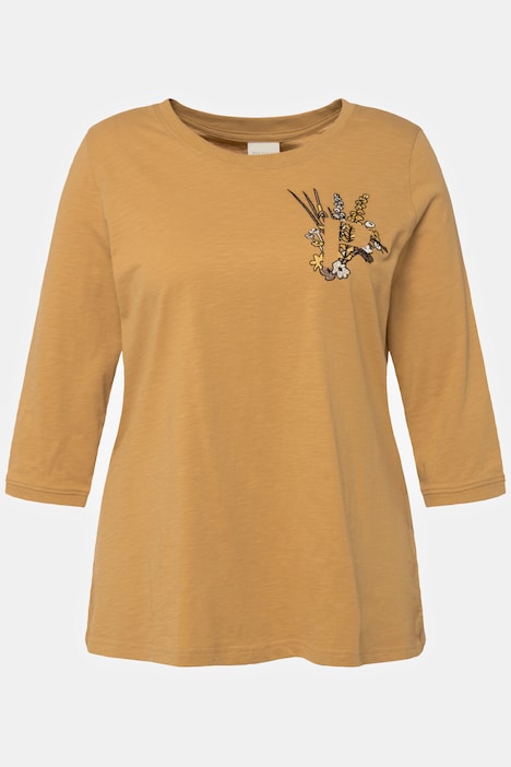 Shirt, Stickerei, Rundhals, 3/4-Arm, Biobaumwolle
