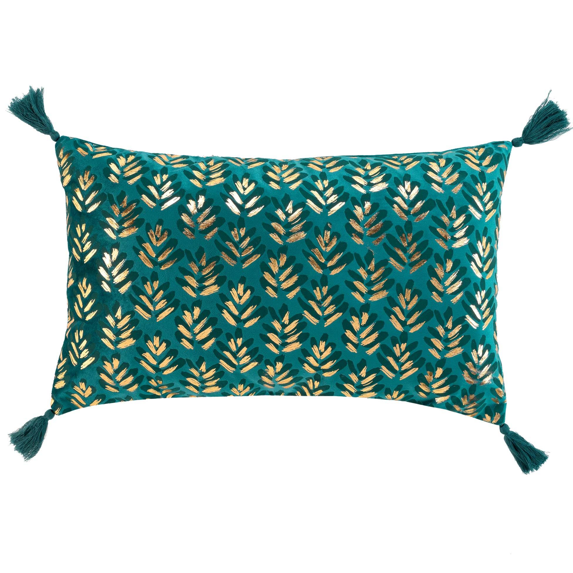 COUSSIN POMPONS 30X50CM VELOURS IMPRIME METALLISE EVIE BLEU
