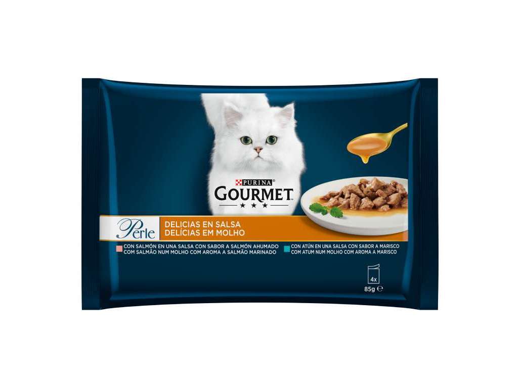 COMIDA HÚMIDA PARA GATO GOURMET PERLE DELÍCIAS EM MOLHO COM PEIXE 4X85G