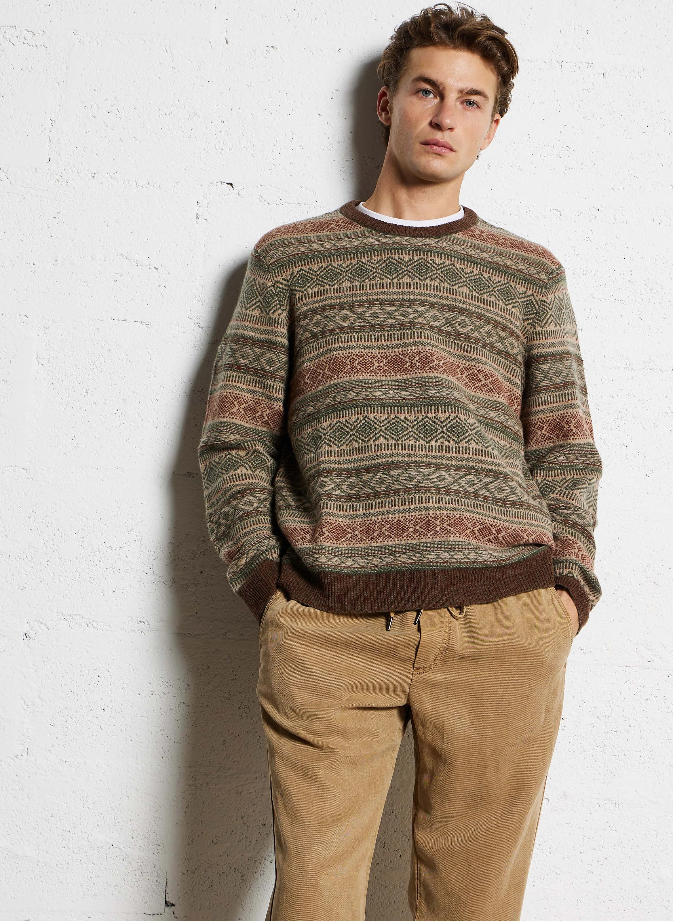 Pull regular-fit col rond jacquard en laine mérinos | Vert