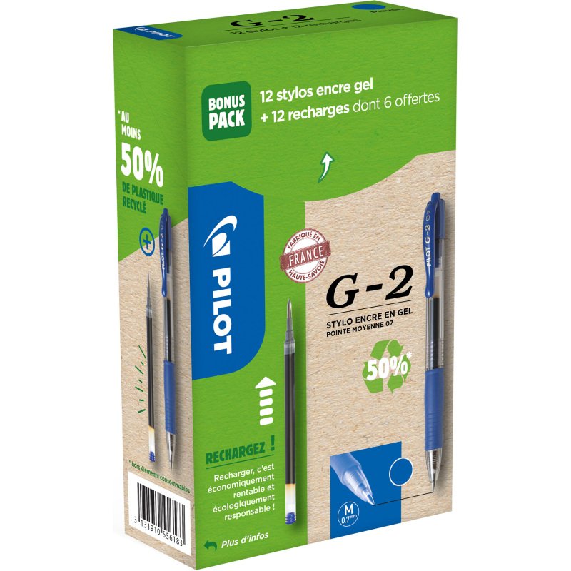 Pack de 12 stylos roller G2 Pilot + 12 recharges dont 6 offertes