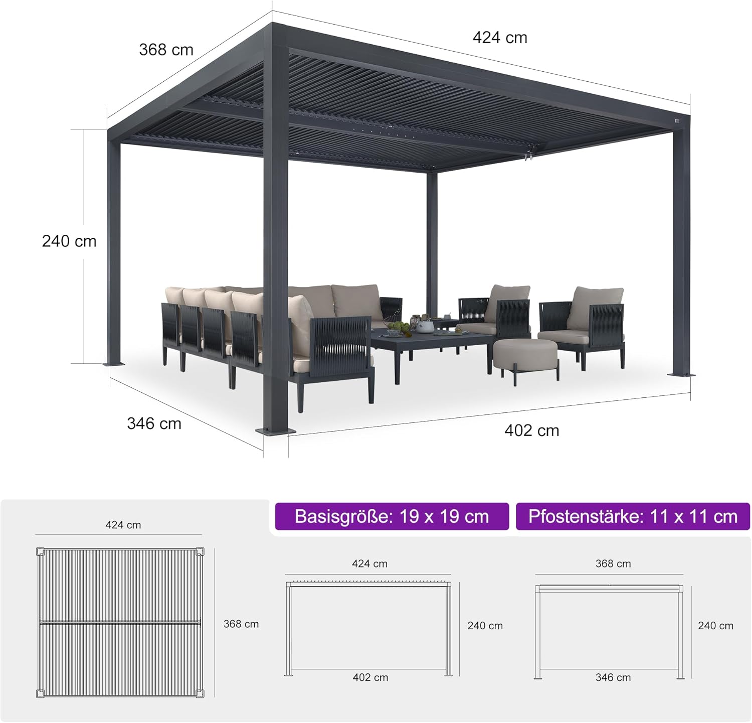 PURPLE LEAF Lamellenpergola 3.65 x 4.25 m mit Festen Lamellen Paneele Alu Pergola mit Verstellbarem Lamellendach Wasserdicht Stabil Winterfest Pavillon für Terrasse, 1 Lange Seite, Grau