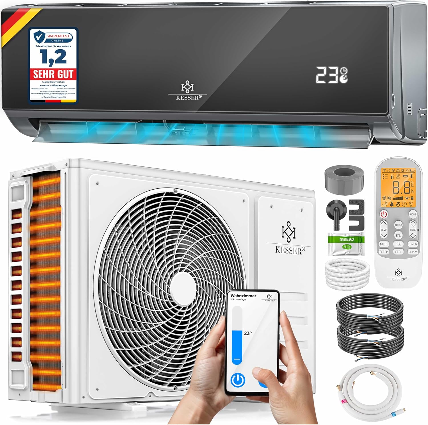 KESSER® Klimaanlage SET Split - mit WiFi/App Funktion Klimagerät - Kühlen A++/ Heizen A+ -12000 BTU/h (3.400 Watt) Sehr Leise, Kältemittel R32 - Fernbedienung, Timerfunktion - Inkl. Montagematerial