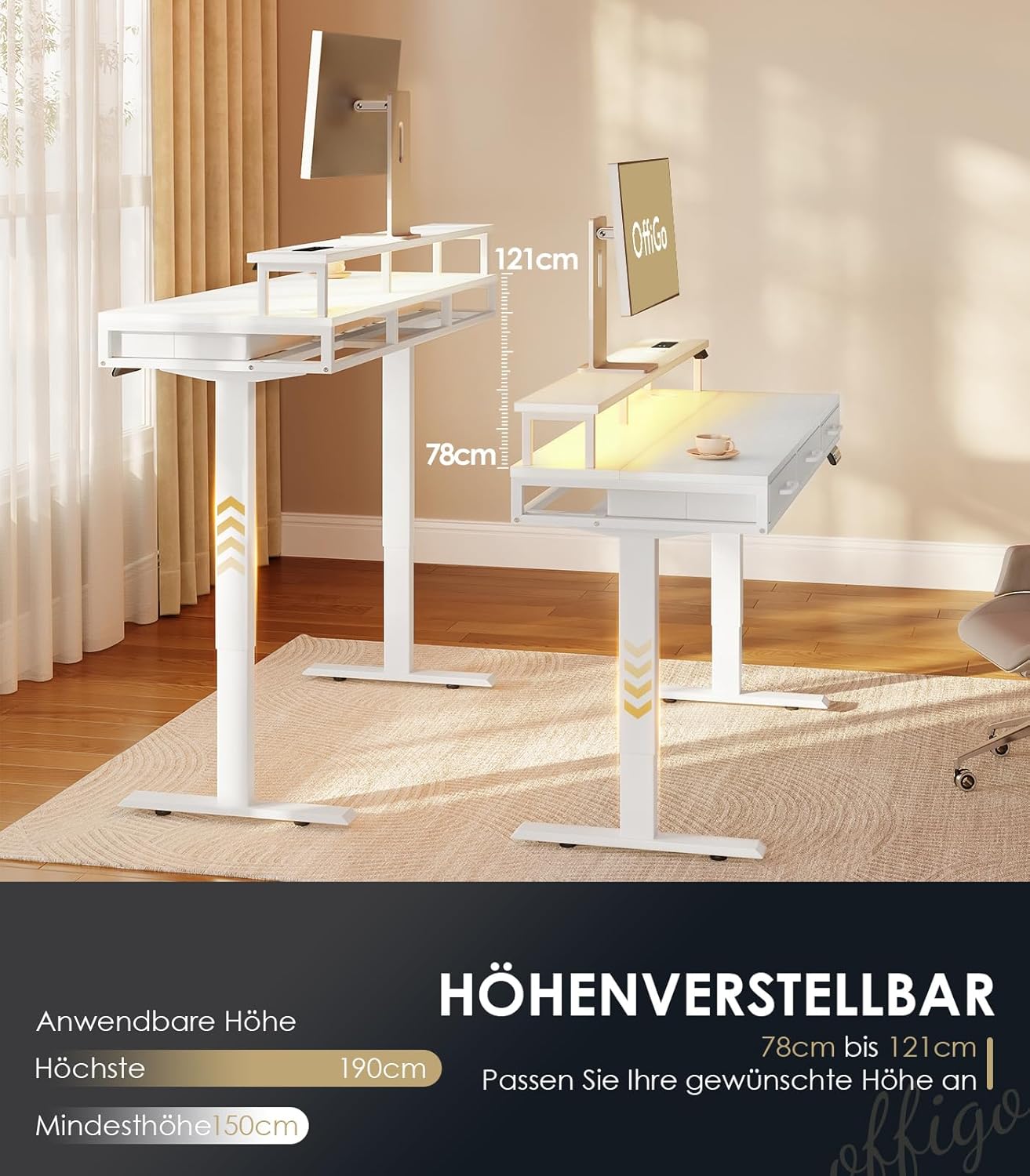 OffiGo Elektrischer Schreibtisch mit Schubladen, 120cm Höhenverstellbarer Schreibtisch mit Monitorständer, Standing Desk mit Steckdosen und Lichtleiste, Tisch Höhenverstellbar Bürotisch, Weiß