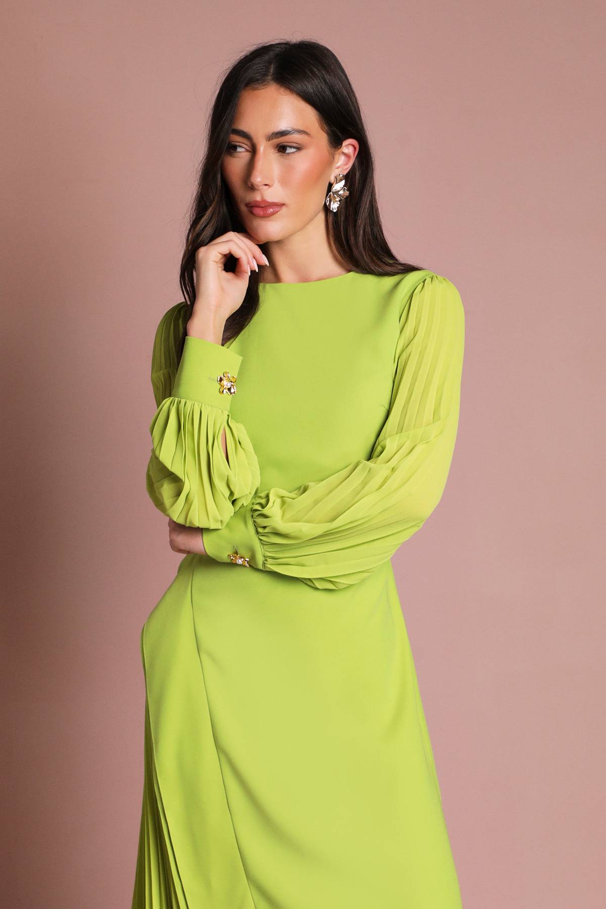 Coast Robe Maxi Plissée en Crêpe à Manches Longues